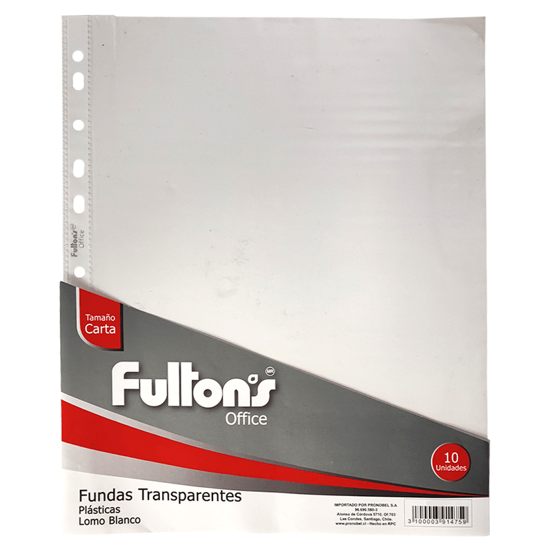 FUNDA PLÁSTICA ARCHIVADOR TRANSPARENTE CARTA LOMO BLANCO 10 unid