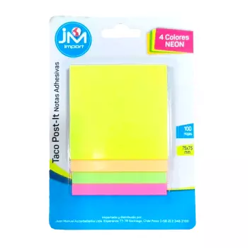 NOTA ADHESIVA PAPEL 4 COLORES NEÓN 75X75MM 100 HJS UD