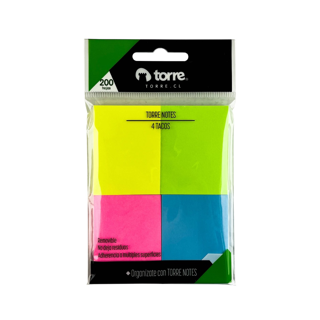 NOTA ADHESIVA PAPEL 4 COLORES NEÓN 38X50MM 200 HJS UD